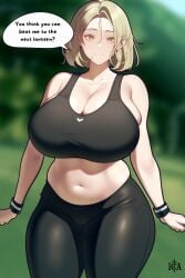 1girls ai_generated arms_at_sides black_legwear blonde_hair breasts_bigger_than_head bursting_breasts cleavage cleavage_cutout curvy curvy_figure female gigantic_breasts golden_eyes happy highres huge_breasts ironcladart looking_at_viewer medium_hair milf outdoors outside overflowing_breasts park sideboob smile smiling smiling_at_viewer solo sports_bra sportswear sweatband tagme thick tight_clothing tight_fit wide_hips