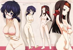 2girls black_hair blue_eyes blush breasts brown_hair girls_und_panzer glasses groin innie_pussy kurashima_tomoyasu large_breasts multiple_girls navel nipples nude oryou_(girls_und_panzer) pussy red_eyes saemonza