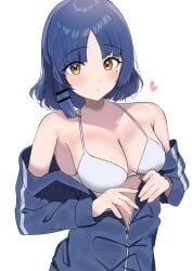 1girls absurd_res absurdres bare_chest bare_hands bare_shoulders bare_skin bikini bikini_top blue_coat blue_eyebrows blue_hair blue_hair_female blue_jacket blue_topwear blue_track_jacket blue_track_suit blunt_bangs blush blush_face blush_lines blushed_face blushing_at_viewer blushing_face blushing_female bocchi_the_rock! breasts cleavage coat collarbone dot_nose embarrassed embarrassed_expression embarrassed_female exposed_arms exposed_chest exposed_shoulders exposed_skin exposing exposing_breasts exposing_chest exposing_self eyebrows_visible_through_hair fair_skin female female_focus female_only fingers green_eyes green_eyes_female hair_clip hair_clips hairclip hairclips heart high_resolution high_school_student highres jacket lean_body lean_figure light-skined_female light-skinned light-skinned_female light_skin light_skin_female light_skinned light_skinned_female looking_at_viewer medium_breasts medium_hair midriff mole mole_under_eye narrow_waist open_coat open_jacket open_topwear open_track_jacket pale pale-skinned_female pale_skin pale_skinned_female parted_bangs school_girl shoulders simple_background slender_body slender_waist slim_girl slim_waist smooth_skin solo standing string_bikini sunya_(honorin-yuunibo) swimsuit swimwear teen_girl teenage_girl teenager thin_waist topwear track_jacket track_suit undressing undressing_self upper_body white_background white_bikini white_bikini_top white_string_bikini white_swimsuit white_swimwear yamada_ryou