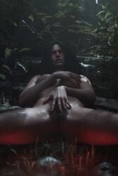 black_hair breast_grab breasts completely_nude female forest koelet3d light-skinned_female looking_at_viewer nipples nude outdoors possession presenting_pussy pussy red_eyes solo spread_legs the_witcher_(series) the_witcher_3:_wild_hunt wet_body yennefer