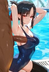 ai_generated cock_hungry dark-skinned_male geosan kaguya-sama_wa_kokurasetai_~tensai-tachi_no_renai_zunousen~ lewd pool poolside shinomiya_kaguya shy swimsuit teasing