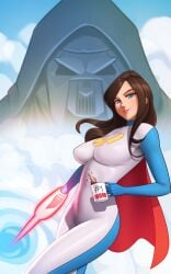 blue_eyes breasts brown_hair coffee_mug deilan12 large_breasts mature_female milf roncostar superheroine thick tight_clothing