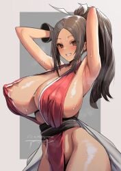 1girls amamiya_(abaros) areola armpits arms_up ass barely_clothed big_areola big_ass big_breasts big_nipples big_thighs blush breasts brown_eyes brown_hair dead_or_alive fatal_fury female female_focus female_only gigantic_ass gigantic_breasts gigantic_thighs huge_areola huge_ass huge_breasts huge_nipples huge_thighs king_of_fighters long_hair mai_shiranui nipples ponytail snk solo street_fighter sweat sweatdrop sweating thick_hips thick_thighs thighs