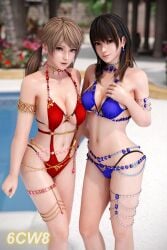 2girls 6cw8 alluring amy_(doa) bare_legs bikini brown_hair cleavage dead_or_alive dead_or_alive_xtreme_venus_vacation nanami_(doa) one-piece_bikini swimming_pool tecmo