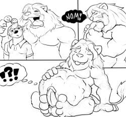 anthro balls belly big_belly clothed_prey clothing comic duo erection feet felid genitals hand_on_belly head_first interrobang larger_pred lion male male/male mammal mustelid nom nude_pred open_mouth oral_vore otter pandottermon pantherine satisfied_look shirt sitting size_difference smile surprise_vore tail teeth tongue topwear unsuspecting_victim unwilling_prey vore willing_pred