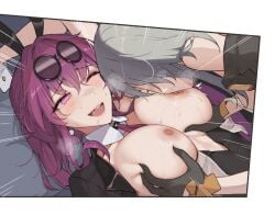 2girls black_gloves breast_sucking breasts breath bunny_ears chinese_commentary detached_collar drooling eliskalti emphasis_lines english_commentary eyewear_on_head gloves grabbing_another's_breast groping hair_intakes honkai:_star_rail honkai_(series) kafka_(honkai:_star_rail) large_breasts lying mixed-language_commentary multiple_girls nipples on_back one_eye_closed purple_hair round_eyewear saliva saliva_trail stelle_(honkai:_star_rail) sweat trailblazer_(honkai:_star_rail) white_wrist_cuffs wrist_cuffs yuri