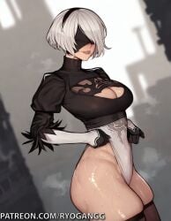 ai_generated covered_eyes leotard leotard_lift nier:_automata ryogangg thick_thighs yorha_2b