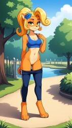 1girls 2025 ai_generated anthro bandicoot blonde_female blonde_hair coco_bandicoot crash_(series) digitigrade female female_only flashing flower_in_hair green_eyes hi_res innie_pussy orange_fur outdoors pants pants_down ponytail pussy smile