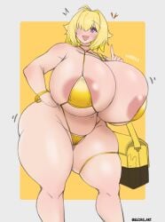 1girls areola_slip bikini blonde_hair elegg_(nikke) goddess_of_victory:_nikke huge_breasts looking_at_viewer suomii thick_thighs