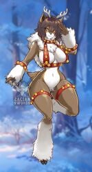 anthro antlers arm_tuft bell bell_harness big_breasts breasts brown_body brown_fur brown_hair cloven_hooves deer donner feathering female fetlocks fur genitals hair harness hi_res hooves horn jingle_bell jingle_bell_harness looking_at_viewer mammal markings mole_(marking) new_world_deer pussy reindeer snow solo thick_thighs tuft wide_hips winter wrist_tuft zacianswords