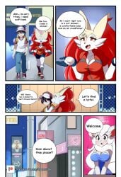 braixen bray_(lucyfercomic) cincci_(lucyfercomic) cinccino comic hotel lopunny lucyfercomic pokemon pokemon_(species) pokemon_trainer speech_bubble walking