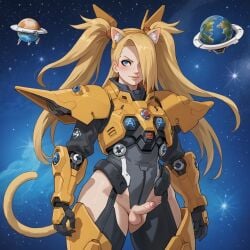 1boy ai_generated big_ass blonde_hair blue_eyes blush cat_ears deidara femboy femboy_focus katana male male_focus mecha mechanical naruto naruto_(series) naruto_shippuden pale planet presenting small_penis space spacesuit thick_thighs yellow