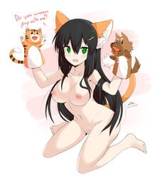 2015 5_toes animal_ears areola black_hair blush breasts brown_fur canine cat_ears dialogue ear_tuft english_text feline female fur green_eyes hair_ornament hairclip hand_puppet highres humanoid large_breasts long_hair looking_at_viewer mammal navel nipples nude open_mouth orange_fur pubic_hair puppet pussy simple_background sitting sollyz sollyz_(character) solo teeth text toes tongue tongue_out tuft wariza white_fur