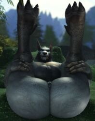 2026 3d 3d_(artwork) anthro anus back_tuft balls big_butt black_anus black_body black_claws black_fur black_nose blizzard_entertainment butt canid canine canis claws colored digital_media_(artwork) facial_tuft feet forest_background fur genitals hi_res hindpaw huge_butt legs_up light lighting looking_at_viewer looking_back lying male male_only mammal muscular muscular_male nature nature_background nude on_back outside paws plant rear_view shaded smile solo standing tail teeth thick_thighs tree tuft tusks warcraft werecanid werecanine werecreature werewolf wide_hips willie_piv worgen world_of_warcraft