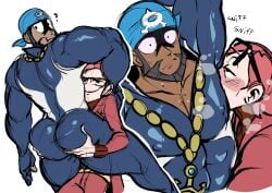 archie_(pokemon) armpit_fetish armpit_sniffing armpits bara confused dark-skinned_male fully_clothed gay grabbing_ass male_only mawile123 maxie_(pokemon) pokemon smelling_armpit squeezing_butt surprised white_skin