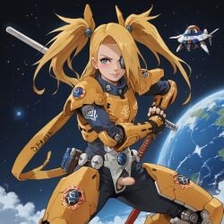 1boy ai_generated big_ass blonde_hair blue_eyes blush deidara femboy femboy_focus katana male male_focus mecha mechanical naruto naruto_(series) naruto_shippuden planet presenting small_penis space spacesuit thick_thighs yellow