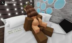 1boy 1girls 3d balls before_sex big_ass big_butt big_cock big_penis blackhornzz brown_hair buttjob dark-skinned_male dialogue elf_ears english_text female female_on_top hotdogging interracial riding roblox robloxian tagme text twitter_username