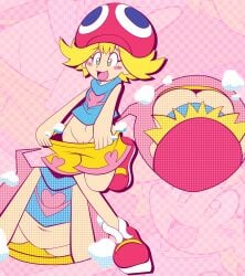 absurdres amitie_(puyopuyo) ass blonde_hair blush clothes_pull female green_eyes hat highres luigifan222 no_panties non-web_source open_mouth pink_background polka_dot pussy puyopuyo puyopuyo_fever shirt shoes shorts shorts_pull sleeveless solo uncensored