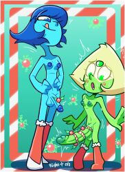 2futas blightstar blue_body blue_eyes blue_hair blush candy_cane christmas christmas_outfit decoration futa_only futanari gem_(species) green_body green_eyes head_back lapis_lazuli_(steven_universe) licking_lips mistletoe mistletoe_on_penis open_mouth penis penis_size_difference peridot_(steven_universe) size_difference small_breasts small_but_hung standing steven_universe stockings sweat tagme triangular_hair visor white_shoes yellow_hair