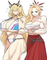 2girls akemi_(blue_archive) artist_request barghest_(gawain)_(fate) blonde_hair blue_areola fate/grand_order fate_(series) huge_breasts light-skinned_female muscular_female tagme