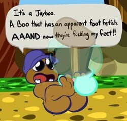 1-upclock anus balls barefoot boo_(mario) clothed clothing dialogue duo english_text erection furry furry_only ghost goomba goombario hat male mario_(series) nintendo open_mouth paper_mario penis sex simple_background smile spirit text toes two-footed_footjob video_games yaoi