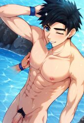 ai ai_art ai_assisted ai_generated avan_geiserford beach condom condom_in_mouth disembodied_hand flaccid_penis gay jock_studio mikkoukun nipple_pinch pinching_nipples pubic_hair solo_male wet_body wet_skin yaoi