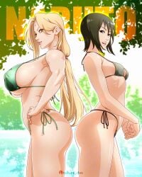 2girls adapted_costume ass big_ass big_breasts bikini black_eyes black_hair blonde_hair blue_sky busty character_name clouds hands_on_hips hands_together head_out_of_frame highleg highleg_bikini highres hourglass_figure huge_ass huge_breasts in_profile large_breasts legs_together lipstick long_hair looking_at_viewer makeup mature mature_female midriff milf multiple_girls nail_polish naruto naruto_(series) naruto_shippuden outdoors pinup revealing_swimsuit saburo_des sagging_breasts seaside shiny shiny_hair shiny_skin shizune side-tie_bikini_bottom side-tie_panties side_view sideboob skimpy skimpy_bikini swimsuit teacher_and_student thick_thighs thighs tsunade twintails underboob very_long_hair watermark wide_hips