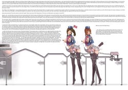 2girls absurdres arms_behind_back ball_gag bangs bondage breasts breasts_out brown_hair directional_arrow engrish femsub full_body garter_straps gloves groping hard_translated lamb_(artist) large_breasts leaning_forward looking_at_viewer male_hand midriff miniskirt motion_lines multiple_girls multiple_subs nipple_clamps nipples no_bra no_shoes one_eye_closed panties pink_panties pleated_skirt ponytail sex_machine short_hair simple_background skirt_lift standing text thighhighs tiptoes translated typo walking white_background white_gloves wooden_horse