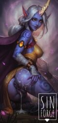 ai_generated anus ass ass_grab back_view celestial_(league_of_legends) cloak clothed clothing cum cum_drip cum_in_pussy digital_media_(artwork) eye_contact fantasy focus glowing_eyes hand_on_butt hooves horn league_of_legends long_ears long_hair looking_at_viewer magic magical_girl perky_nipples ponytail puffy_anus puffy_pussy purple_skin pussy pussy_lips sinforge smile soraka stable_diffusion tattoo upskirt white_hair yellow_eyes