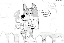 anthro australian_cattle_dog bandit_heeler bluey_(series) body_hair canid canine canis cattledog chest_hair clothing coffee_mug colorless domestic_dog erection herding_dog hi_res male mammal monochrome pastoral_dog robe solo stinkdierr