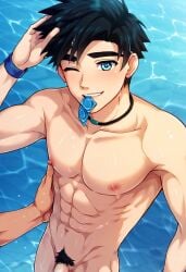 ai ai_art ai_assisted ai_generated avan_geiserford beach condom condom_in_mouth flaccid_penis gay jock_studio mikkoukun nipple_pinch pinching_nipples pubic_hair solo_male wet_body wet_skin yaoi