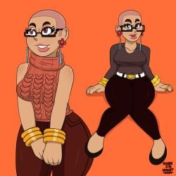 1girl 1girls auntie_brianna_(lightsoursce) bald brown_skinned_female dopeisnukat glasses gold_jewelry long_sleeve_shirt long_sleeves original original_character original_characters sfw thick_thighs