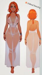 1girls ai_assisted ai_enhanced ai_generated blue_eyes braid cleavage curvaceous female female_only freckles hourglass_figure large_breast nipples no_bra no_panties original_character red_hair seductive see-through sibeal sibeal_anisley solo standing transparent_clothing white_dress wide_hips