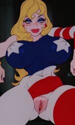 1female 23afterhours ai_art ai_generated american american_female american_flag blonde_hair blue_eyes bodypaint coonskin erect_nipples erection exposed_pussy freckles freckles_on_face miss_america purple_eyeshadow ralph_bakshi red_lipstick seductive seductive_smile star_pasties