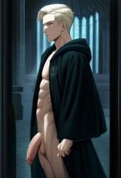 1boy ai_generated balls blonde_hair blonde_male blooboo bottomless cloak cock draco_malfoy flaccid flaccid_cock flaccid_penis harry_potter hogwarts hogwarts_school_uniform hogwarts_student male male_only partially_clothed penis pubic_hair side_view slytherin solo tagme