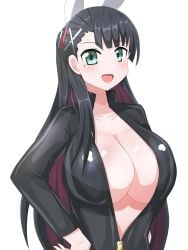 1girls arm_behind_back big_breasts black_hair blush bodysuit breasts bursting_breasts busty charlotte_(mary_skelter) cleavage confident female female_only green_eyes hand_on_hip highres large_breasts long_hair looking_at_viewer mary_skelter no_bra open_mouth pose posing rabbit_ears sensual smile solo tongue unzipped very_long_hair voluptuous