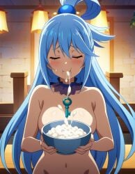 1girls ai_generated aqua_(konosuba) aqua_hair big_breasts blue_hair bowl breasts closed_eyes closed_mouth cum cum_bowl cum_drip cum_in_bowl cum_in_container drooling drooling_cum eating eating_cum female female_only kono_subarashii_sekai_ni_shukufuku_wo! long_hair morindar naked naked_female nude nude_female swallowing swallowing_cum