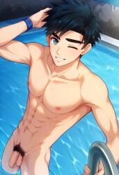 ai ai_art ai_assisted ai_generated avan_geiserford beach flaccid_penis gay jock_studio mikkoukun pubic_hair solo_male wet_body wet_skin yaoi