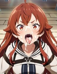 1girls ahe_gao ahe_gao ai_generated blush clothed cum cum_drip cum_in_mouth cum_on_face cum_on_tongue cute cute_face drooling drooling_cum drooling_tongue eris_greyrat female female_only long_hair morindar mushoku_tensei open_eyes open_mouth red_eyes red_hair spit spitting tongue tongue_out