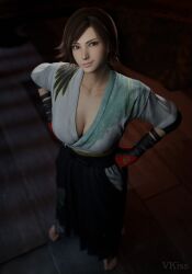 3d 3d_render bandai_namco blender_(software) breasts brown_eyes brown_hair cleavage clothing female female_only gloves hakama hakama_skirt hands_on_hips kazama_asuka large_breasts lips looking_at_viewer short_hair skirt smile solo tekken tekken_8 traditional_clothes vkiss wafuku