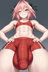 1boy abs ai_generated astolfo_(fate) biting_lip bitting_lip blush blushing_at_viewer bulge bulge_through_clothing bulge_under_clothes femboy hair_ribbon horny huge_bulge huge_cock hung_trap pov red_clothing red_nails salamans shorts sports_bra sports_shorts taker_pov thick_thighs wink winking_at_viewer