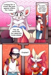 braixen bray_(lucyfercomic) cincci_(lucyfercomic) cinccino comic furry hotel lucyfercomic pokemon pokemon_(species) pokemon_trainer receptionist speech_bubble surprised