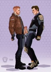2boys agents_of_mayhem armor armored armored_male ass bara big_ass big_ass_(male) blush blushing bodysuit bomber_jacket boots brunette brunette_hair brunette_male byte_(wyldecard) cock cock_out cock_out_of_pants commission commission_art commissioner_upload cum cum_drip cum_dripping cum_dripping_from_penis dick_out dick_out_of_pants eyes facial_hair facing_another frottage frotting fully_clothed fully_clothed_male gay grin grinning hollywood_(agents_of_mayhem) jacket jacket_open male_focus male_only open_fly penis penis_against_penis penis_out penis_out_of_pants rod_stone rubbing_penis_on_penis serious serious_face serious_look side_view smirk smirking strawberry_blonde_hair tevis_art veiny veiny_penis yaoi ych ych_commission ych_result