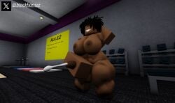 1futa 3d balls big_breasts big_penis blackhornzz cum cum_spurt dark-skinned_futanari dreadlocks ejaculation futanari gym huge_cock jacking_off masturbating muscles muscular_futanari naked nipples nude roblox smirk solo thick_thighs wide_hips