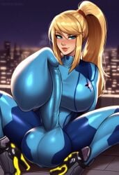 ai_generated big_balls big_breasts big_penis condom_balloon condom_filling condom_suit cum excessive_cum futanari gvukub huge_balls huge_breasts huge_cock huge_penis huge_testicles metroid nintendo samus_aran thick_thighs