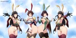 big_ass big_breasts black_hair brown_hair bunny_ears capcom female_only fiorayne hime_cut hinoa human looking_at_viewer minoto monster_hunter monster_hunter_rise purple_eyes rondine sisters twins wyverian yamanata yellow_eyes