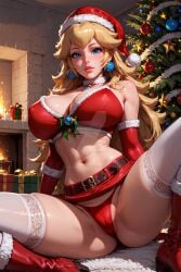 ai_generated big_breasts blonde_hair cameltoe christmas christmas_clothing christmas_outfit cleavage gloves huge_breasts long_hair mario_(series) naughtygirlsai navel princess_peach red_thong spread_legs stockings thong white_stockings