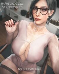 1girls 3d 3d_render ada_wong ada_wong_(adriana) big_breasts biohazard black_hair breasts capcom cleavage female female_focus female_only fit fit_female girls_only glasses glasses_on_face nail_polish nerohunter6 resident_evil resident_evil_4 resident_evil_4_remake short_hair solo solo_female solo_focus stockings