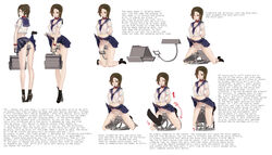 absurdres arms_behind_back bangs bondage breasts brown_hair closed_eyes collar directional_arrow dog_collar engrish female full_body high_heels kneeling knees_together_feet_apart lamb_(artist) large_breasts lifted_by_self looking_at_viewer looking_back machinery male_hand midriff multiple_views one_eye_closed panties pleated_skirt school_bag serafuku sex_machine shoes short_hair simple_background skirt_lift socks solo spread_legs standing text typo white_background wooden_horse