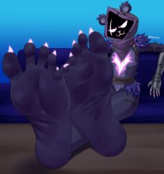 armor bear black_body claws facial_scar feet foot_fetish foot_focus foot_on_table fortnite fortnite:_battle_royale fur furry_only glowing humanoid_feet looking_at_viewer purple_fur raven_team_leader simple_background soles ssunsalm thighs toes wrinkled_feet wrinkles